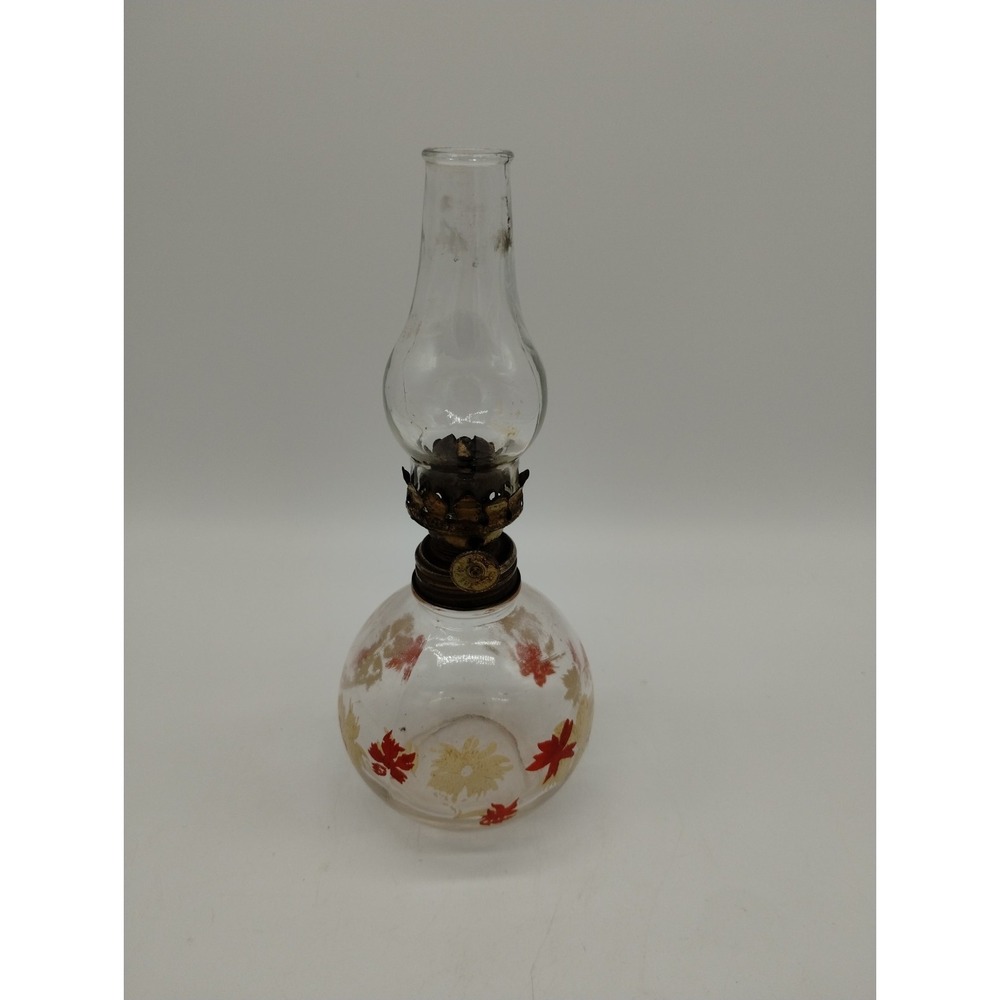 Vintage Swedish Art glass Small Oil Lamp Red White Flowers Floral Grandma